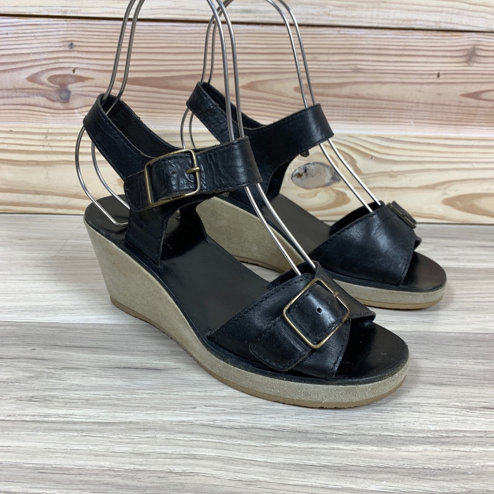 A.P.C. Wedge Sandals Womens 37 Black Leather Suede Platform Buckle F-50025 Shoes